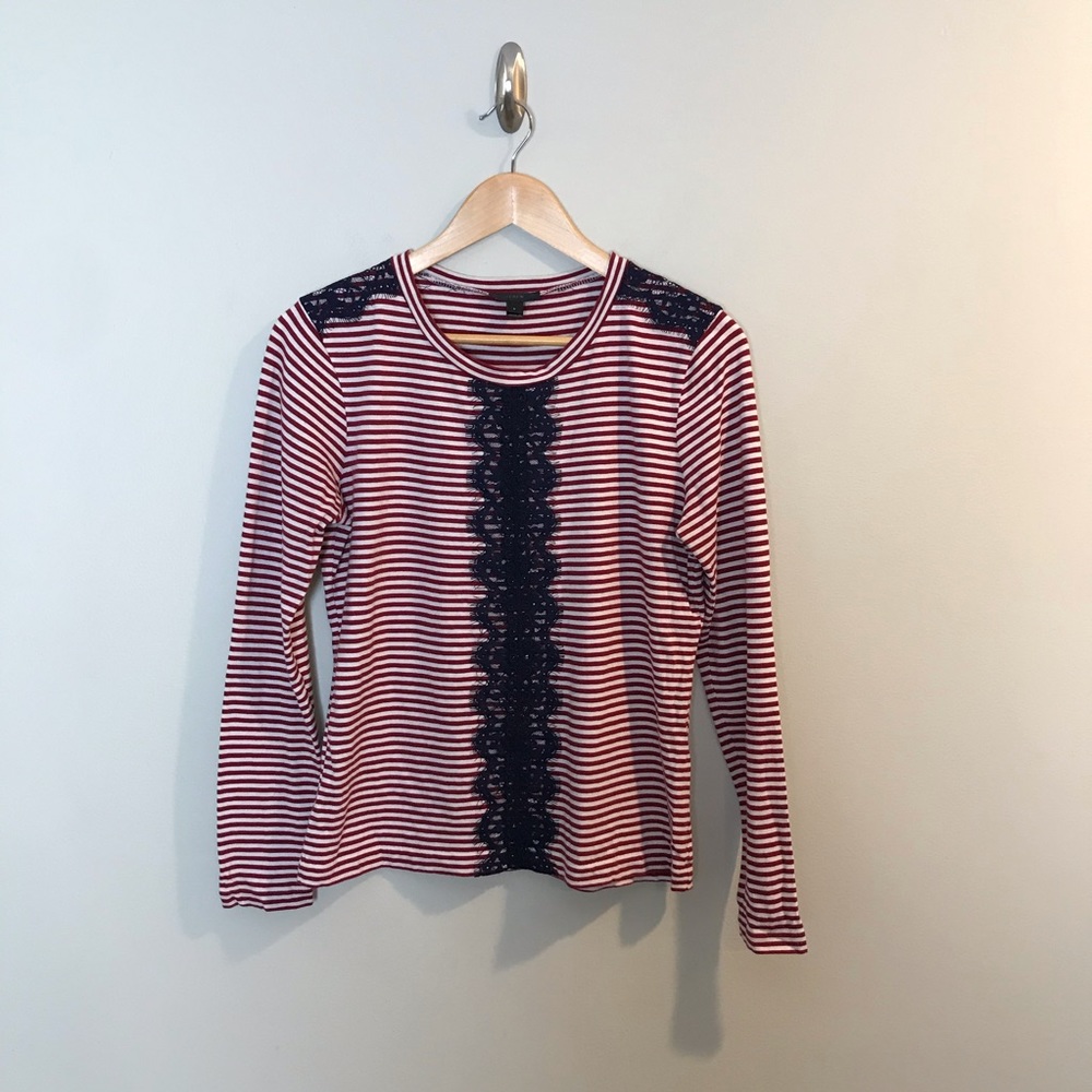 SOLD|J. Crew Red White Striped Blue Lace T-Shirt - Picture 2 of 6